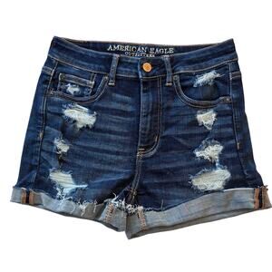American Eagle Distressed Denim Shorts Size 2 High Rise Stretch Frayed Hem